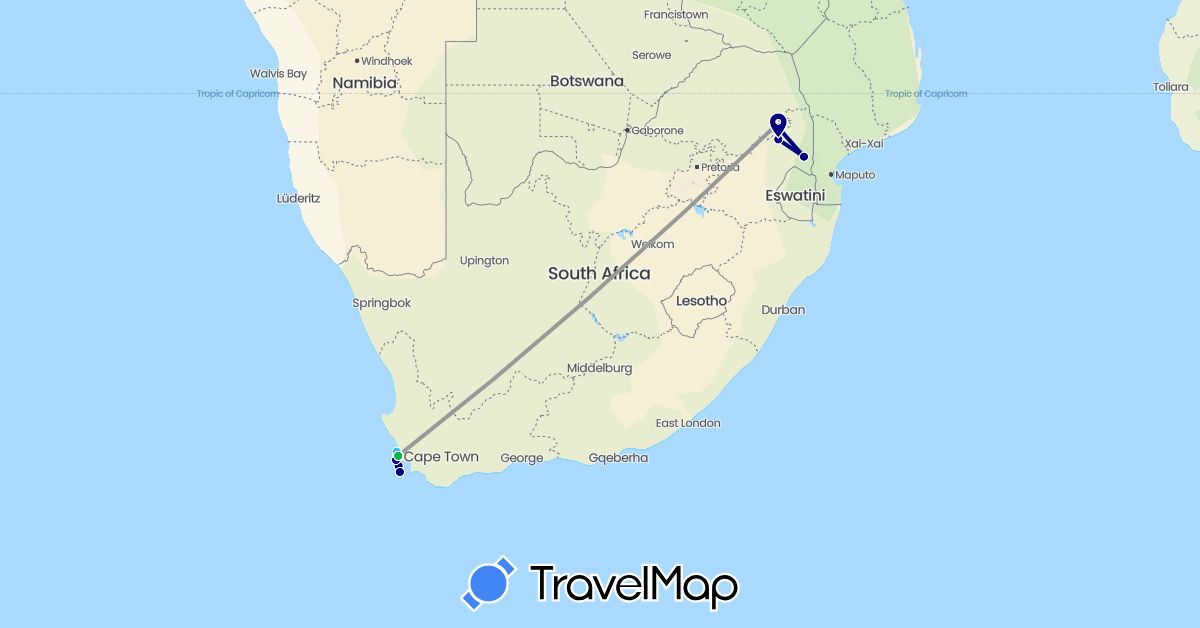TravelMap itinerary: driving, bus, plane, boat in South Africa (Africa)